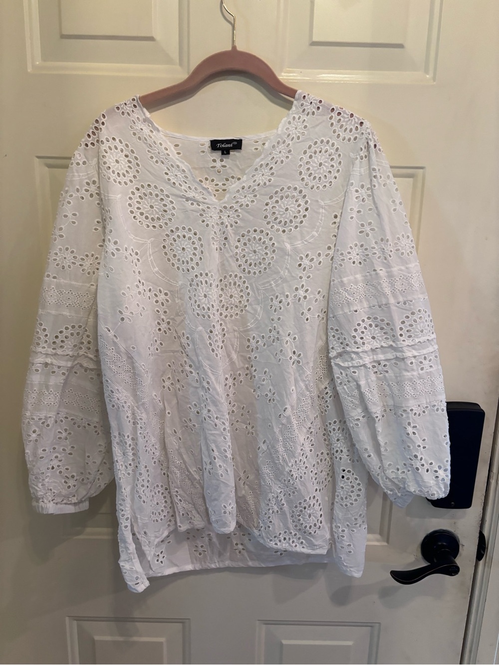 Tolani Boho Chic White Eyelet V-Neck Peasant Blouse - Picture 2 of 5